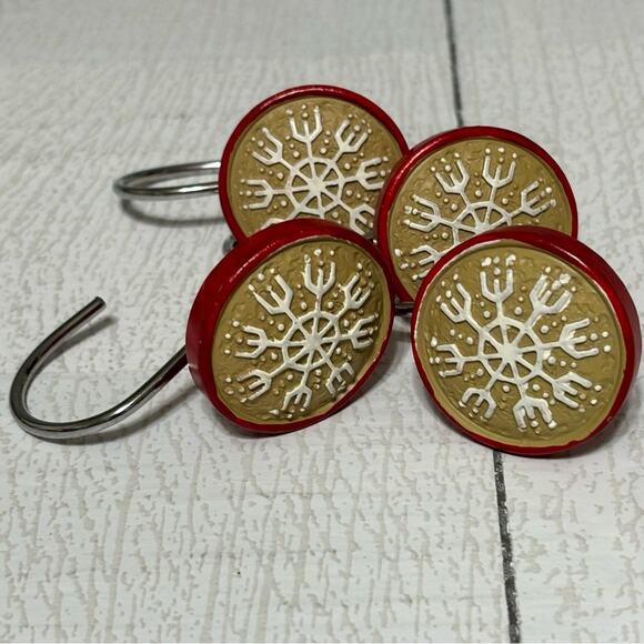 Red and Tan Snowflake Shower Curtain Hooks Set of 12 - Picture 2 of 9